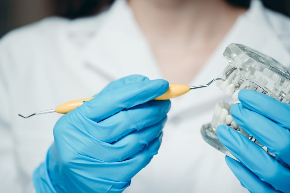 Dental professional demonstrating with tooth model and scaler - Dental Bridges Close-up of a dental professional in blue gloves using a dental tool on a transparent tooth model to demonstrate treatment, likely related to dental bridges - Dental Bridges